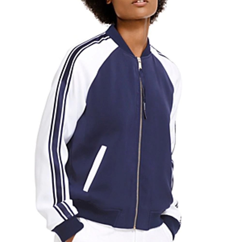 SET!! MICHAEL KORS Navy Blue White Track Jumpsuit Jacket Striped Break Away Pant - Picture 2 of 16